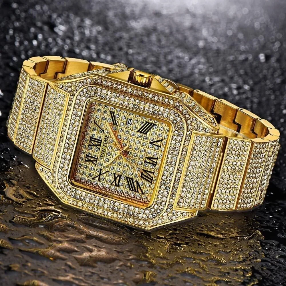 🆕Gosasa Analog Quartz Men Gold Fashion Hip Hop Crystal Stainless Bracelet Watch